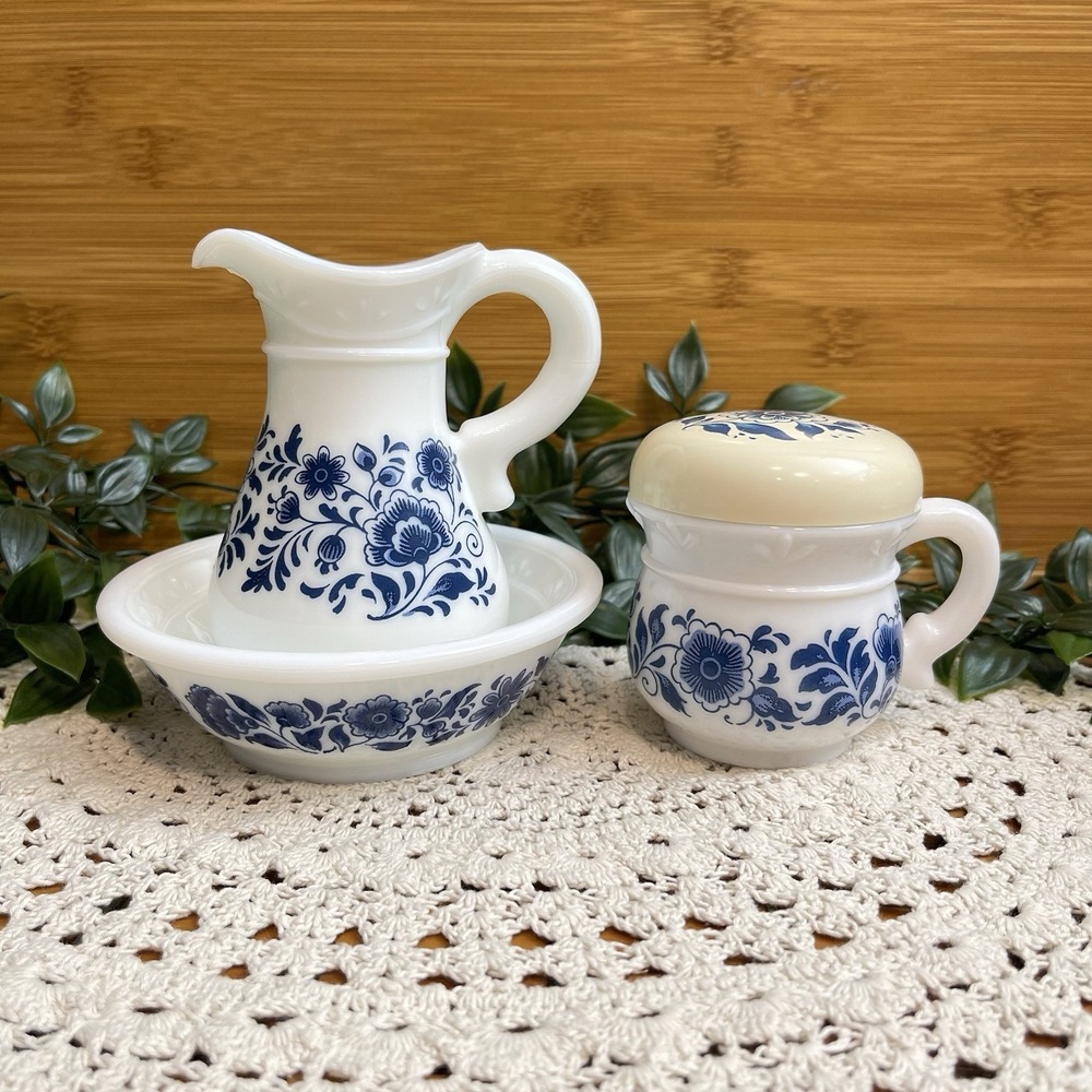 Vintage Avon Delft Blue Milk Glass Pitcher Basin & Cream Jar Set 1970s Vanity